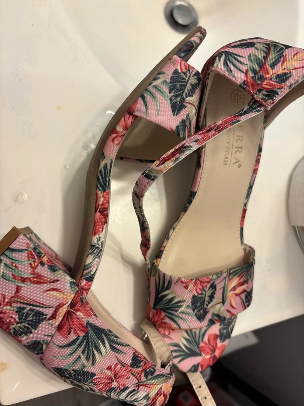 Serra Pink Floral Ankle-Strap Block Heel Sandals